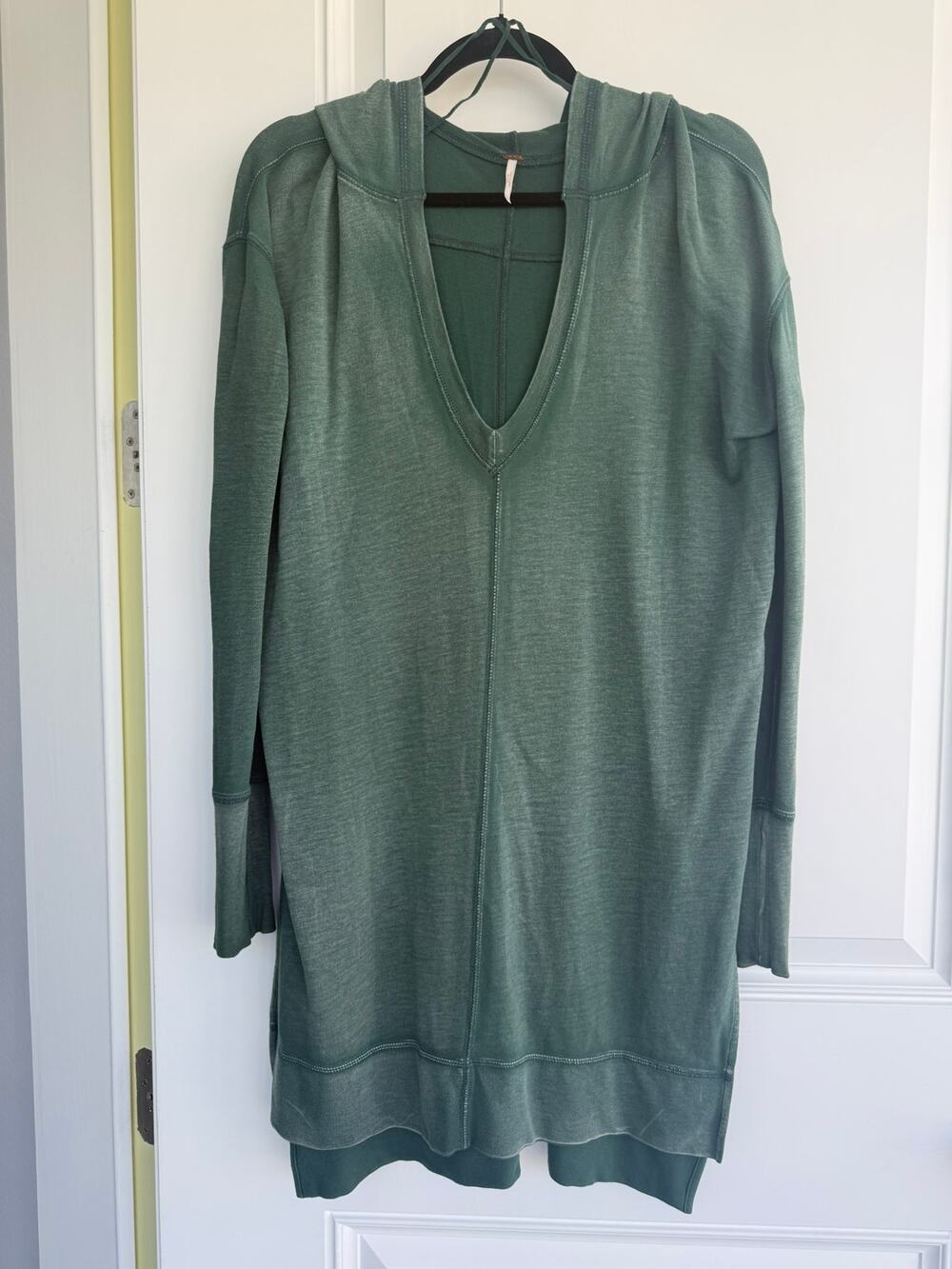 Free People Green Wash Hooded Low V Neck Sweater Top Size XS